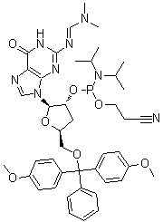 CAS # 196391-62-5, 5'-O-[Bis(4-methoxyphenyl)phenylmethyl]-3'-deoxy-N-[(dimethylamino)methylene]guanosine 2'-[2-cyanoethyl N,N-bis(1-methylethyl)phosphoramidite]