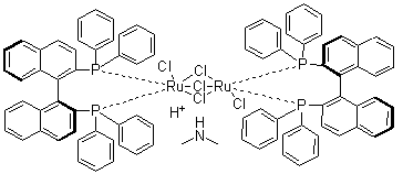 CAS # 199541-17-8, Dimethylammonium dichlorotri(mu-chloro)bis[(S)-(-)-2,2'-bis(diphenylphosphino)-1,1'-binaphthyl]diruthenate(II), [NH2Me2][{RuCl((S)-binap)}2(mu-Cl)3]