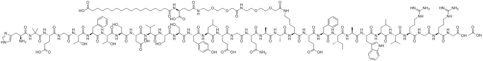 CAS # 1997361-85-9, Semaglutide Acetate, acetic acid,18-[[(1S)-4-[2-[2-[2-[2-[2-[2-[[(5S)-5-[[(2S)-2-[[(2S)-2-[[(2S)-5-amino-2-[[2-[[(2S)-2-[[(2S)-2-[[(2S)-2-[[(2S)-2-[[(2S)-2-[[(2S)-2-[[(2S)-2-[[(2S)-2-[[(2S,3R)-2-[[(2S)-2-[[(2S,3R)-2-[[2-[[(2S)-2-[[2-[[(2S)-2-amino-3-(1H-imidazol-4-yl)propanoyl]amino]-2-methylpropanoyl]amino]-4-carboxybutanoyl]amino]acetyl]amino]-3-hydroxybutanoyl]amino]-3-phenylpropanoyl]amino]-3-hydroxybutanoyl]amino]-3-hydroxypropanoyl]amino]-3-carboxypropanoyl]amino]-3-methylbutanoyl]amino]-3-hydroxypropanoyl]amino]-3-hydroxypropanoyl]amino]-3-(4-hydroxyphenyl)propanoyl]amino]-4-methylpentanoyl]amino]-4-carboxybutanoyl]amino]acetyl]amino]-5-oxopentanoyl]amino]propanoyl]amino]propanoyl]amino]-6-[[(2S)-1-[[(2S)-1-[[(2S,3S)-1-[[(2S)-1-[[(2S)-1-[[(2S)-1-[[(2S)-1-[[(2S)-5-carbamimidamido-1-[[2-[[(2S)-5-carbamimidamido-1-(carboxymethylamino)-1-oxopentan-2-yl]amino]-2-oxoethyl]amino]-1-oxopentan-2-yl]amino]-3-methyl-1-oxobutan-2-yl]amino]-4-methyl-1-oxopentan-2-yl]amino]-3-(1H-indol-3-yl)-1-oxopropan-2-yl]amino]-1-oxopropan-2-yl]amino]-3-methyl-1-oxopentan-2-yl]amino]-1-oxo-3-phenylpropan-2-yl]amino]-4-carboxy-1-oxobutan-2-yl]amino]-6-oxohexyl]amino]-2-oxoethoxy]ethoxy]ethylamino]-2-oxoethoxy]ethoxy]ethylamino]-1-carboxy-4-oxobutyl]amino]-18-oxooctadecanoic acid