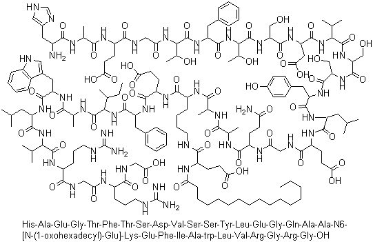 CAS # 204656-20-2, Liraglutide, NN 2211, NNC 90-1170, Victoza, (2S)-5-[[(5S)-5-[[(2S)-2-[[(2S)-2-[[(2S)-5-amino-2-[[2-[[(2S)-2-[[(2S)-2-[[(2S)-2-[[(2S)-2-[[(2S)-2-[[(2S)-2-[[(2S)-2-[[(2S)-2-[[(2S,3R)-2-[[(2S)-2-[[(2S,3R)-2-[[2-[[(2S)-2-[[(2S)-2-[[(2S)-2-amino-3-(1H-imidazol-5-yl)propanoyl]amino]propanoyl]amino]-4-carboxybutanoyl]amino]acetyl]amino]-3-hydroxybutanoyl]amino]-3-phenylpropanoyl]amino]-3-hydroxybutanoyl]amino]-3-hydroxypropanoyl]amino]-3-carboxypropanoyl]amino]-3-methylbutanoyl]amino]-3-hydroxypropanoyl]amino]-3-hydroxypropanoyl]amino]-3-(4-hydroxyphenyl)propanoyl]amino]-4-methylpentanoyl]amino]-4-carboxybutanoyl]amino]acetyl]amino]-5-oxopentanoyl]amino]propanoyl]amino]propanoyl]amino]-6-[[(2S)-1-[[(2S)-1-[[(2S,3S)-1-[[(2S)-1-[[(2S)-1-[[(2S)-1-[[(2S)-1-[[(2S)-5-carbamimidamido-1-[[2-[[(2S)-5-carbamimidamido-1-(carboxymethylamino)-1-oxopentan-2-yl]amino]-2-oxoethyl]amino]-1-oxopentan-2-yl]amino]-3-methyl-1-oxobutan-2-yl]amino]-4-methyl-1-oxopentan-2-yl]amino]-3-(1H-indol-3-yl)-1-oxopropan-2-yl]amino]-1-oxopropan-2-yl]amino]-3-methyl-1-oxopentan-2-yl]amino]-1-oxo-3-phenylpropan-2-yl]amino]-4-carboxy-1-oxobutan-2-yl]amino]-6-oxohexyl]amino]-2-(hexadecanoylamino)-5-oxopentanoic acid