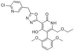 CAS # 2055199-44-3, 3-[5-[(6-chloropyridin-3-yl)methyl]-1,3,4-oxadiazol-2-yl]-5-(2,6-dimethoxyphenyl)-6-(ethoxymethyl)-4-hydroxy-1H-pyridin-2-one
