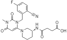 CAS # 2087874-92-6, 4-[[(3R)-1-[3-[(2-Cyano-5-fluorophenyl)methyl]-1,2,3,6-tetrahydro-1-methyl-2,6-dioxo-4-pyrimidinyl]-3-piperidinyl]amino]-4-oxobutanoic acid