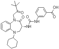 CAS # 209219-38-5, Nastorazepide, 3-[[[[(3R)-5-Cyclohexyl-1-(3,3-dimethyl-2-oxobutyl)-2,3,4,5-tetrahydro-2-oxo-1H-1,5-benzodiazepin-3-yl]amino]carbonyl]amino]benzoic acid