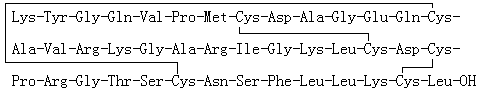 CAS # 209615-75-8, CART 61-102, L-Lysyl-L-tyrosylglycyl-L-glutaminyl-L-valyl-L-prolyl-L-methionyl-L-cysteinyl-L-alpha-aspartyl-L-alanylglycyl-L-alpha-glutamyl-L-glutaminyl-L-cysteinyl-L-alanyl-L-valyl-L-arginyl-L-lysylglycyl-L-alanyl-L-arginyl-L-isoleucylglycyl-L-lysyl-L-leucyl-L-cysteinyl-L-alpha-aspartyl-L-cysteinyl-L-prolyl-L-arginylglycyl-L-threonyl-L-seryl-L-cysteinyl-L-asparaginyl-L-seryl-L-phenylalanyl-L-leucyl-L-leucyl-L-lysyl-L-cysteinyl-L-leucine cyclic (8→26),(14→34),(28→41)-tris(disulfide)