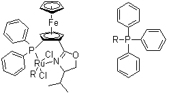 CAS # 212133-11-4, (-)-Dichloro[(4S)-4-(i-propyl)-2-[(S)-2-(diphenylphosphino)ferrocenyl]oxazoline](triphenylphosphine)ruthenium(II)