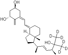 CAS # 216244-04-1, 1-alpha,25-Dihydroxy Vitamin D2-d<sub>6</sub>, (1R,3S,5Z)-4-Methylene-5-[(2E)-2-[(1R,3aS,7aR)-octahydro-1-[(1R,2E,4S)-5-hydroxy-1,4-dimethyl-5-(methyl-d<sub>3</sub>)-2-hexen-1-yl-6,6,6-d<sub>3</sub>]-7a-methyl-4H-inden-4-ylidene]ethylidene]-1,3-cyclohexanediol, Ercalcitriol-d<sub>6</sub>