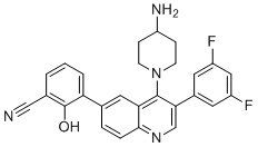 structure of CAS# 2172870-89-0, 3-[4-(4-Amino-1-piperidinyl)-3-(3,5-difluorophenyl)-6-quinolinyl]-2-hydroxybenzonitrile