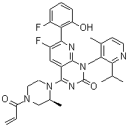CAS # 2252403-56-6, 6-Fluoro-7-(2-fluoro-6-hydroxyphenyl)-1-[4-methyl-2-(1-methylethyl)-3-pyridinyl]-4-[(2S)-2-methyl-4-(1-oxo-2-propen-1-yl)-1-piperazinyl]-pyrido[2,3-d]pyrimidin-2(1H)-one