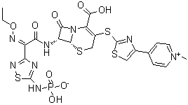 4-[2-[[(6R,7R)-2-羧基-7-[[(2Z)-(乙氧基亚氨基)[5-(膦酰氨基)-1,2,4-噻二唑-3-基]乙酰基]氨基]-8-氧代-5-硫杂-1-氮杂双环[4.2.0]辛-2-烯-3-基]硫基]-4-噻唑基]-1-甲基吡啶鎓内盐分子结构 (CAS 229016-73-3)