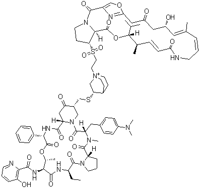 CAS # 229152-86-7, RPR 122663, 5-[(2S,5R)-5-(Mercaptomethyl)-4-oxo-2-piperidinecarboxylic acid]-pristinamycin IA (5→26)-sulfide with (26R,27S)-26,27-dihydro-26-[[2-[(3S)-3-mercapto-1-azoniabicyclo[2.2.2]oct-1-yl]ethyl]sulfonyl]virginiamycin M1
