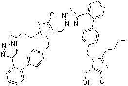 CAS # 230971-72-9, 2-Butyl-1-[[2'-[2-[[2-butyl-4-chloro-1-[[2'-(2H-tetrazol-5-yl)[1,1'-biphenyl]-4-yl]methyl]-1H-imidazol-5-yl]methyl]-2H-tetrazol-5-yl][1,1'-biphenyl]-4-yl]methyl]-4-chloro-1H-imidazole-5-methanol
