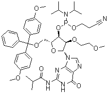 structure of CAS# 251647-55-9, 5'-O-[二(4-甲氧基苯基)苯基甲基]-2'-O-(2-甲氧基乙基)-N-(2-甲基-1-氧代丙基)鸟苷 3'-[2-氰基乙基 二异丙基氨基亚磷酸酯]