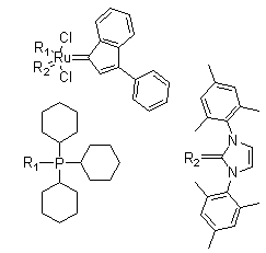 CAS # 254972-49-1, Dichloro[1,3-dihydro-1,3-bis(2,4,6-trimethylphenyl)-2H-imidazol-2-ylidene](3-phenyl-1H-inden-1-ylidene)(tricyclohexylphosphine)ruthenium, catMETium RF1