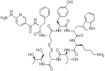 CAS # 257943-19-4, N-[(6-Hydrazino-3-pyridinyl)carbonyl]-D-phenylalanyl-L-cysteinyl-L-tyrosyl-D-tryptophyl-L-lysyl-L-threonyl-N-[(1R,2R)-2-hydroxy-1-(hydroxymethyl)propyl]-L-cysteinamide cyclic (2→7)-disulfide