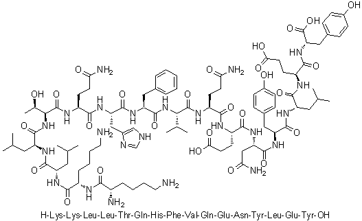 CAS # 263328-37-6, L-Lysyl-L-lysyl-L-leucyl-L-leucyl-L-threonyl-L-glutaminyl-L-histidyl-L-phenylalanyl-L-valyl-L-glutaminyl-L-alpha-glutamyl-L-asparaginyl-L-tyrosyl-L-leucyl-L-alpha-glutamyl-L-tyrosine