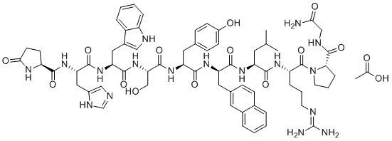 CAS # 263878-43-9, Nafarelin Acetate, acetic acid (2S)-N-[(2S)-1-[[(2S)-1-[[(2S)-1-[[(2S)-1-[[(2R)-1-[[(2S)-1-[[(2S)-1-[(2S)-2-[(2-amino-2-oxoethyl)carbamoyl]pyrrolidin-1-yl]-5-(diaminomethylideneamino)-1-oxopentan-2-yl]amino]-4-methyl-1-oxopentan-2-yl]amino]-3-naphthalen-2-yl-1-oxopropan-2-yl]amino]-3-(4-hydroxyphenyl)-1-oxopropan-2-yl]amino]-3-hydroxy-1-oxopropan-2-yl]amino]-3-(1H-indol-3-yl)-1-oxopropan-2-yl]amino]-3-(1H-imidazol-5-yl)-1-oxopropan-2-yl]-5-oxopyrrolidine-2-carboxamide