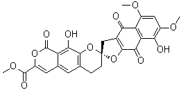 CAS # 27267-70-5, beta-Rubromycin, (2S)-4,4',9,9'-Tetrahydro-8',10-dihydroxy-5',7'-dimethoxy-4',9,9'-trioxospiro[benzo[1,2-b:5,4-c']dipyran-2(3H),2'(3'H)-naphtho[2,3-b]furan]-7-carboxylic acid methyl ester