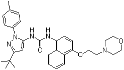CAS # 285983-48-4, Doramapimod, 1-(3-(1,1-Dimethylethyl)-1-(4-methylphenyl)-1H-pyrazol-5-yl)-3-(4-(2-(morpholin-4-yl)ethoxy)naphthalen-1-yl)urea, 1-[2-(4-Methylphenyl)-5-tert-butyl-pyrazol-3-yl]-3-[4-(2-morpholin-4-ylethoxy)naphthalen-1-yl]urea