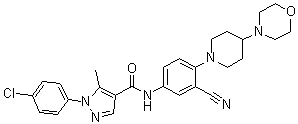 structure of CAS# 288250-47-5, 1-(4-Chlorophenyl)-N-[3-cyano-4-[4-(4-morpholinyl)-1-piperidinyl]phenyl]-5-methyl-1H-pyrazole-4-carboxamide