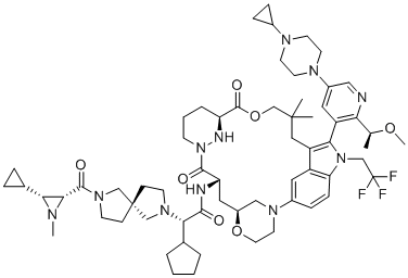 CAS # 2922732-54-3, RMC-9805, KRAS G12D inhibitor 18, (2S)-2-cyclopentyl-2-[(5S)-2-[(2R,3R)-3-cyclopropyl-1-methylaziridine-2-carbonyl]-2,7-diazaspiro[4.4]nonan-7-yl]-N-[(6S,8S,14S)-21-[5-(4-cyclopropylpiperazin-1-yl)-2-[(1S)-1-methoxyethyl]pyridin-3-yl]-18,18-dimethyl-9,15-dioxo-22-(2,2,2-trifluoroethyl)-5,16-dioxa-2,10,22,28-tetrazapentacyclo[18.5.2.12,6.110,14.023,27]nonacosa-1(26),20,23(27),24-tetraen-8-yl]acetamide