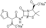 CAS # 29457-07-6, Ticarcillin sodium, (2S,5R,6R)-6-[[(2R)-2-carboxy-2-thiophen-3-yl-acetyl]amino]-3,3-dimethyl-7-oxo-4-thia-1-azabicyclo[3.2.0]heptane-2-carboxylic acid disodium salt