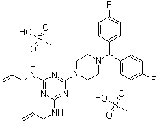 CAS # 29608-49-9, Almitrine dimesylate, N,N'-Diallyl-6-[4-[bis(4-fluorophenyl)methyl]piperazin-1-yl]-1,3,5-triazine-2,4-diamine dimethanesulphonate, 2,4-Bis(allylamino)-6-[4-[bis(p-fluorophenyl)methyl]-1-piperazinyl]-s-triazine dimethanesulfonate