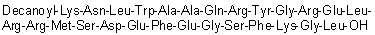 CAS # 300349-97-7, N2-(1-Oxodecyl)-L-lysyl-L-asparaginyl-L-leucyl-L-tryptophyl-L-alanyl-L-alanyl-L-glutaminyl-L-arginyl-L-tyrosylglycyl-L-arginyl-L-alpha-glutamyl-L-leucyl-L-arginyl-L-arginyl-L-methionyl-L-seryl-L-alpha-aspartyl-L-alpha-glutamyl-L-phenylalanyl-L-alpha-glutamylglycyl-L-seryl-L-phenylalanyl-L-lysylglycyl-L-leucine