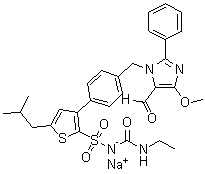 structure of CAS# 306288-04-0, N-[(乙基氨基)羰基]-3-[4-[(5-甲酰基-4-甲氧基-2-苯基-1H-咪唑-1-基)甲基]苯基]-5-异丁基-2-噻吩磺酰胺单钠盐