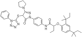 CAS # 30818-18-9, 2-(2,4-Bis(1,1-dimethylpropyl)phenoxy)-N-(4-(4,5-dihydro-5-oxo-4-((1-phenyl-1H-tetrazol-5-yl)thio)-3-(1-pyrrolidinyl)-1H-pyrazol-1-yl)phenyl)butanamide