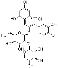 CAS # 31073-32-2, 2-(3,4-Dihydroxyphenyl)-5,7-dihydroxy-3-[(2-O-beta-D-xylopyranosyl-beta-D-galactopyranosyl)oxy]-1-benzopyrylium chloride, Cyanidin 3-lathyroside