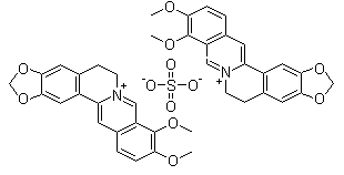 CAS # 316-41-6, Neutral berberine sulfate, 7,8,13,13a-Tetradehydro-9,10-dimethoxy-2,3-(methylenedioxy)-berbinium sulfate, 5,6-Dihydro-9,10-dimethoxy-benzo[g]-1,3-benzodioxolo[5,6-a]quinolizinium sulfate