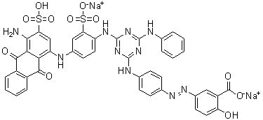 CAS 登录号：32582-78-8, 5-[[4-[[4-[[4-[(4-氨基-9,10-二氢-9,10-二氧代-3-磺基-1-蒽基)氨基]-2-磺基苯基]氨基]-6-(苯基氨基)-1,3,5-三嗪-2-基]氨基]苯基]偶氮]-2-羟基苯甲酸二钠盐