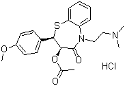 CAS # 33286-22-5, Dilthiazem hydrochloride, (+)-cis-3-(Acetyloxy)-5-(2-(dimethylamino)ethyl)-2,3-dihydro-2-(4-methoxyphenyl)-1,5-benzothiazepin-4(5H)one monohydrochloride