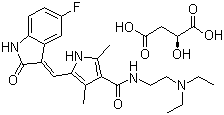 CAS # 341031-54-7, Sunitinib malate, N-(2-(Diethylamino)ethyl)-5-((Z)-(5-fluoro-1,2-dihydro-2-oxo-3H-indol-3-ylidene)methyl)-2,4-dimethyl-1H-pyrrole-3-carboxamide (2S)-hydroxybutanedioate