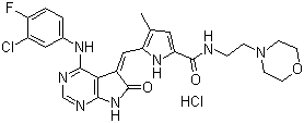 CAS # 346599-65-3, 5-[[4-[(3-Chloro-4-fluorophenyl)amino]-6,7-dihydro-6-oxo-5H-pyrrolo[2,3-d]pyrimidin-5-ylidene]methyl]-4-methyl-N-[2-(4-morpholinyl)ethyl]-1H-pyrrole-2-carboxamide hydrochloride, SU-11464, D-69491