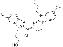 CAS # 34979-98-1, Red sensitizing dye SR10#, 3-(2-Hydroxyethyl)-2-[2-[[3-(2-hydroxyethyl)-5-methoxy-2-benzothiazolinylidene]methyl]-1-butenyl]-5-methoxybenzothiazolium chloride, 3,3'-Di(2-hydroxyethyl)-5,5'-dimethoxy-9-ethylthiacarbocyanine chloride