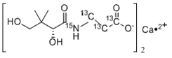 CAS # 356786-94-2, Pantothenic acid-<sup>13</sup>C<sub>4</sub>,<sup>15</sup>N hemicalcium salt, N-[(2R)-2,4-Dihydroxy-3,3-dimethyl-1-oxobutyl]-β-alanine-13C3,15N Hemicalcium