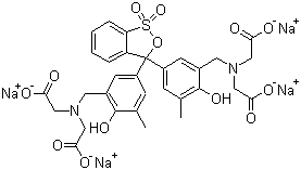 CAS # 3618-43-7, Xylenol orange tetrasodium salt, 3,3'-Bis[N,N-bis(carboxymethyl)aminomethyl]-o-cresolsulfonephthalein tetrasodium salt, Tetrasodium N,N'-[3H-2,1-benzoxathiol-3-ylidenebis[(6-hydroxy-5-methylphen-3,1-ylene)methylene]]bis[N-(carboxylatomethyl)aminoacetate] S,S-dioxide