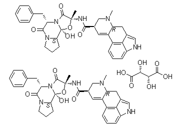 CAS # 379-79-3, Ergotamine bitartrate, Ergotartrat, Etin, Exmigra, Femergin, Gotamine tartrate, Gynergen, Gynergin, Lingraine, Lingran, Medihaler ergotamine, NSC 41869, Neo-Ergotin, Rigetamin, Secagyn, Secupan