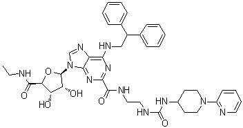 structure of CAS# 380221-63-6, 1-Deoxy-1-[6-[(2,2-diphenylethyl)amino]-2-[[[2-[[[[1-(2-pyridinyl)-4-piperidinyl]amino]carbonyl]amino]ethyl]amino]carbonyl]-9H-purin-9-yl]-N-ethyl-beta-D-ribofuranuronamide