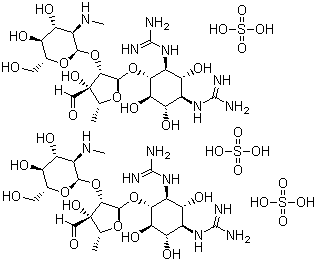 CAS # 3810-74-0 (85027-84-5), Streptomycin sulfate, O-2-Deoxy-2-(methylamino)-alpha-L-glucopyranosyl-(1->2)-O-5-deoxy-3-C-formyl-alpha-L-lyxofuranosyl-(1->4)-N,N'-bis(aminoiminomethyl)-streptamine sulfate (2:3),