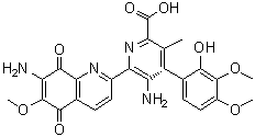 CAS # 3930-19-6, Bruneomycin, 5-Amino-6-(7-amino-5,8-dihydro-6-methoxy-5,8-dioxo-2-quinolyl)-4-(2-hydroxy-3,4-dimethoxyphenyl)-3-methylpicolinic acid, 5278RP, AO 50165L302, Abbott Crystalline antibiotic, Bruneomycin, NSC 45383, NSC 56748, NSC 83950, Nigrin, Rufocromomycin, SN, STP, Streptonigran, Streptonigrin