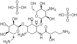CAS # 39831-55-5, Amikacin disulfate salt, 4-Amino-N-[5-amino-2-[4-amino-3,5-dihydroxy-6-(hydroxymethyl)tetrahydropyran-2-yl]oxy-4-[6-(aminomethyl)-3,4,5-trihydroxy-tetrahydropyran-2-yl]oxy-3-hydroxy-cyclohexyl]-2-hydroxy-butanamide disulfate salt