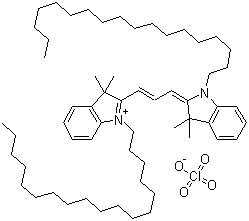 CAS # 41085-99-8, 1,1'-Dioctadecyl-3,3,3',3'-tetramethylindocarbocyanine perchlorate, 2-[3-(3,3-dimethyl-1-octadecylindol-1-ium-2-yl)prop-2-enylidene]-3,3-dimethyl-1-octadecylindole,perchlorate