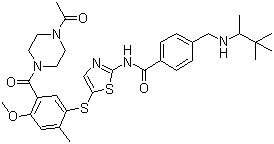 CAS # 439575-02-7, BMS 509744, N-(5-((5-(4-Acetylpiperazine-1-carbonyl)-4-methoxy-2-methylphenyl)thio)thiazol-2-yl)-4-(((3,3-dimethylbutan-2-yl)amino)methyl)benzamide