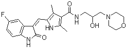 CAS # 452104-85-7, 5-[(Z)-(5-Fluoro-1,2-dihydro-2-oxo-3H-indol-3-ylidene)methyl]-N-[2-hydroxy-3-(4-morpholinyl)propyl]-2,4-dimethyl-1H-pyrrole-3-carboxamide