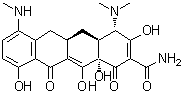 CAS # 4708-96-7, 7-Methylamino-6-deoxy-6-demethyltetracycline, (4S,4aS,5aR,12aS)-4-(Dimethylamino)-1,4,4a,5,5a,6,11,12a-octahydro-3,10,12,12a-tetrahydroxy-7-(methylamino)-1,11-dioxo-2-naphthacenecarboxamide, 4-(Dimethylamino)-1,4,4a,5,5a,6,11,12a-octahydro-3,10,12,12a-tetrahydroxy-7-(methylamino)-1,11-dioxo-2-naphthacenecarboxamide