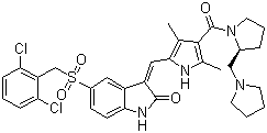 CAS # 477575-56-7, PHA 665752, (2R)-1-[[5-[(Z)-[5-[[(2,6-Dichlorophenyl)methyl]sulfonyl]-1,2-dihydro-2-oxo-3H-indol-3-ylidene]methyl]-2,4-dimethyl-1H-pyrrol-3-yl]carbonyl]-2-(1-pyrrolidinylmethyl)pyrrolidine