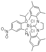 structure of CAS# 502964-52-5, (SP-5-41)-[1,3-Bis(2,4,6-trimethylphenyl)-2-imidazolidinylidene]dichloro[[2-(1-methylethoxy)-5-nitrophenyl]methylene]ruthenium