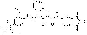 CAS 登录号：51920-12-8, 颜料红 185, N-(2,3-二氢-2-氧代-1H-苯并咪唑-5-基)-3-羟基-4-[[2-甲氧基-5-甲基-4-[(甲氨基)磺酰基]苯基]偶氮]萘-2-甲酰胺